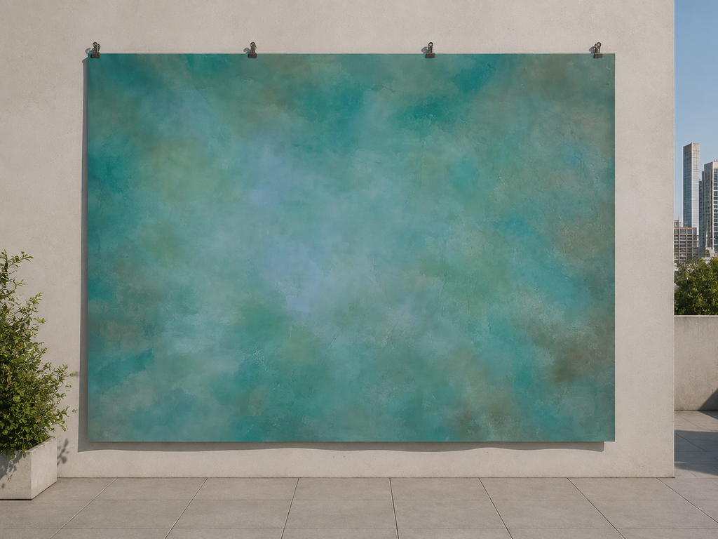 Mottled Turquoise Texture Printed Backdrop — temporary dry outdoor wall-clip display; accessories not included