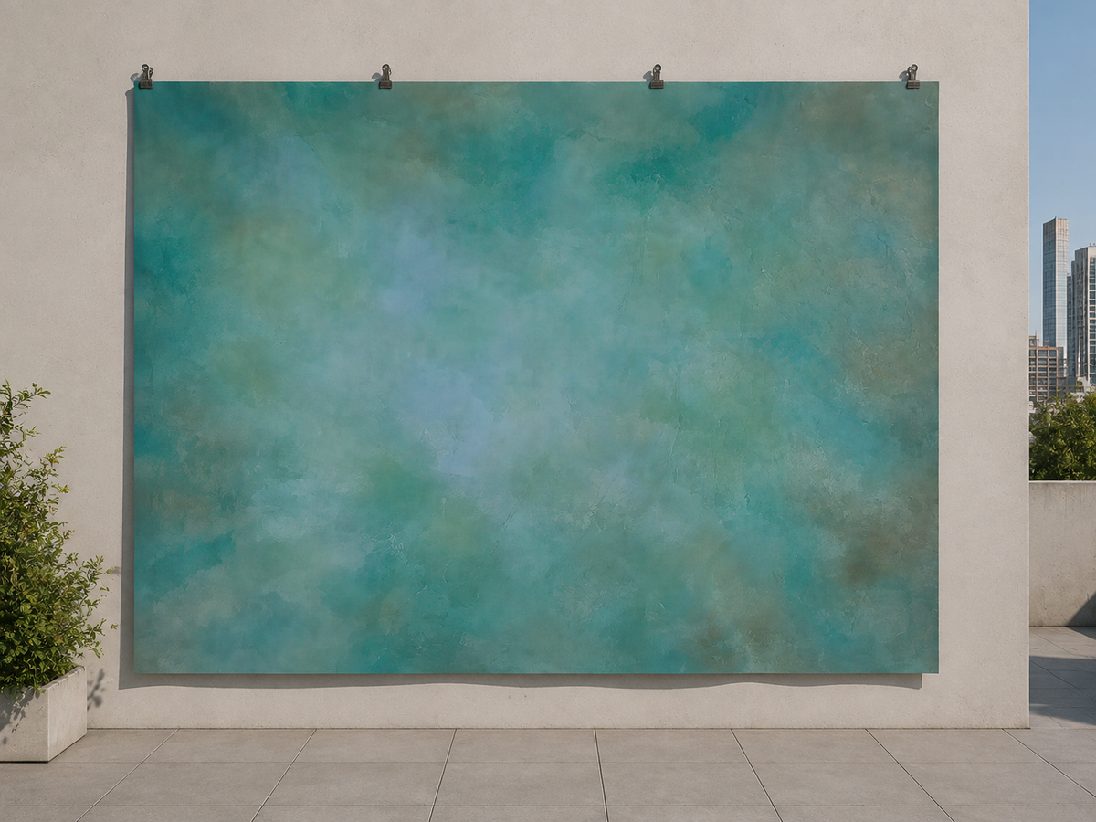 Mottled Turquoise Texture Printed Backdrop — temporary dry outdoor wall-clip display; accessories not included