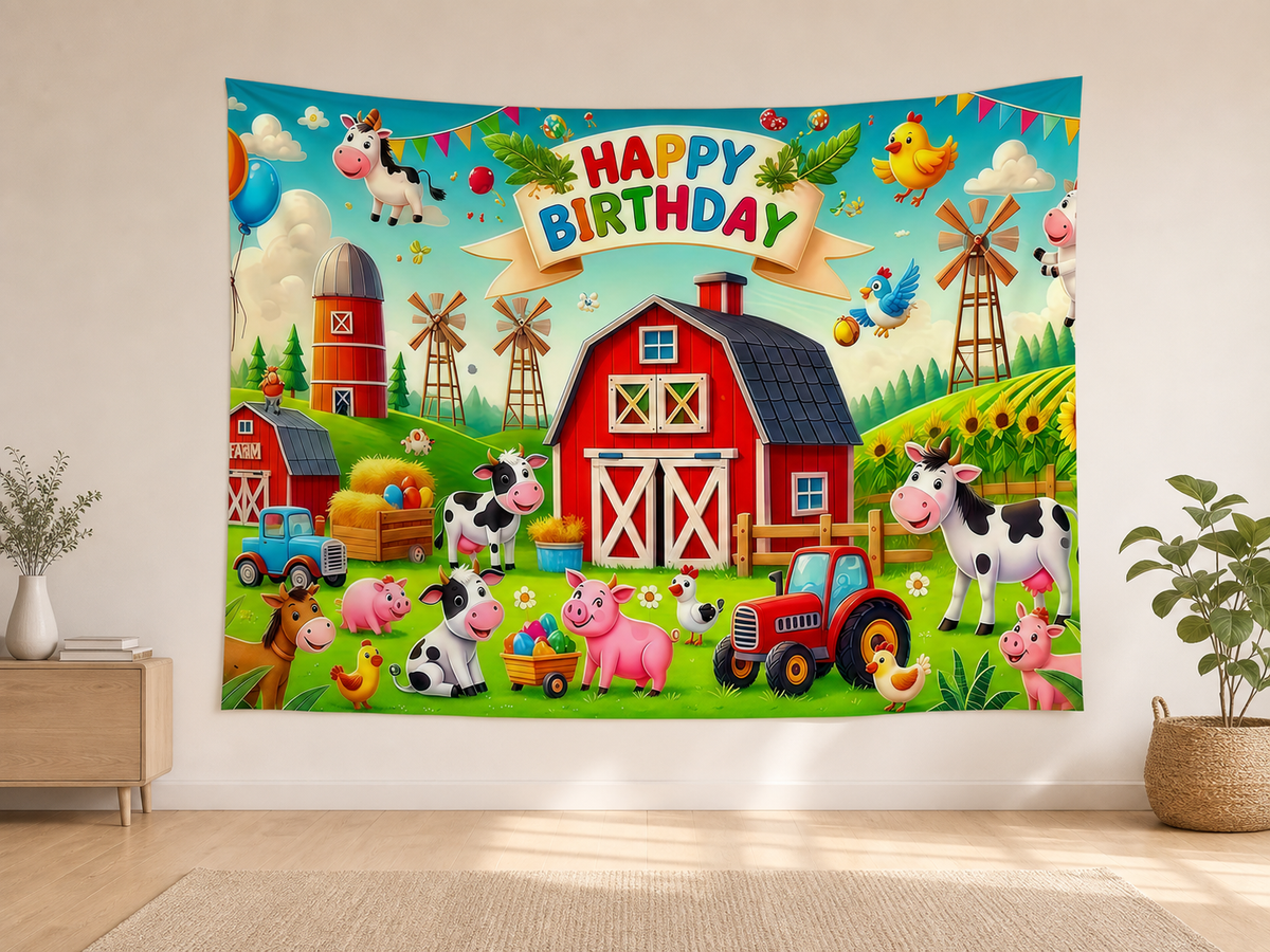 Farm Animals Happy Birthday Backdrop indoor application scene