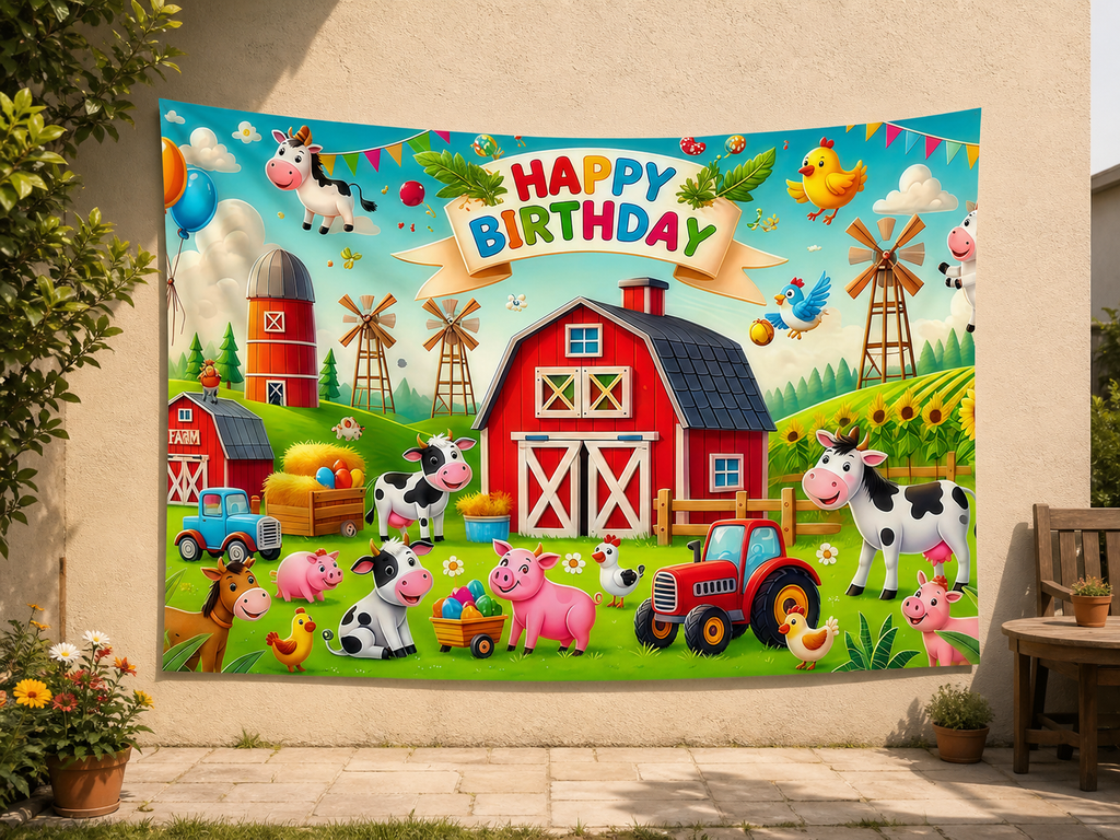 Farm Animals Happy Birthday Backdrop garden application scene