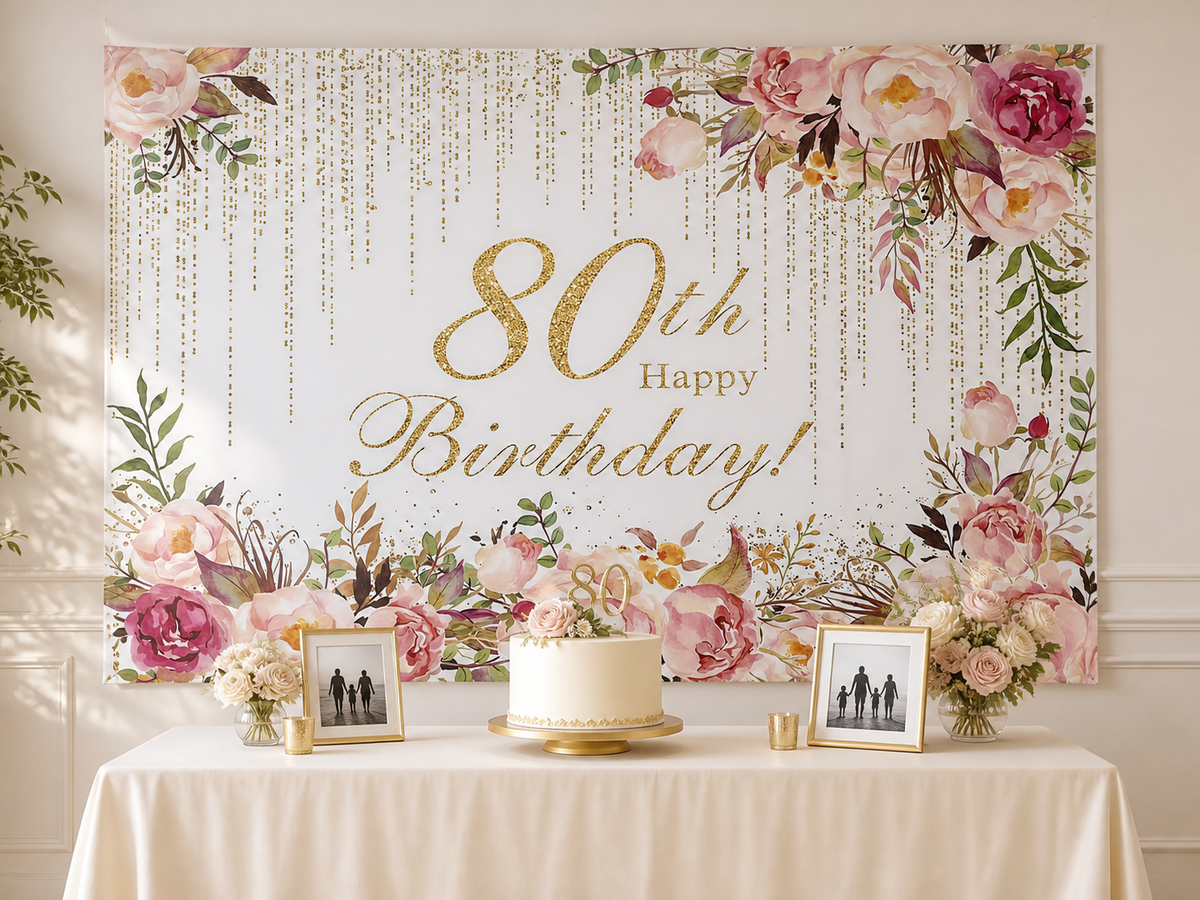 Elegant floral 80th Happy Birthday backdrop cake table scene