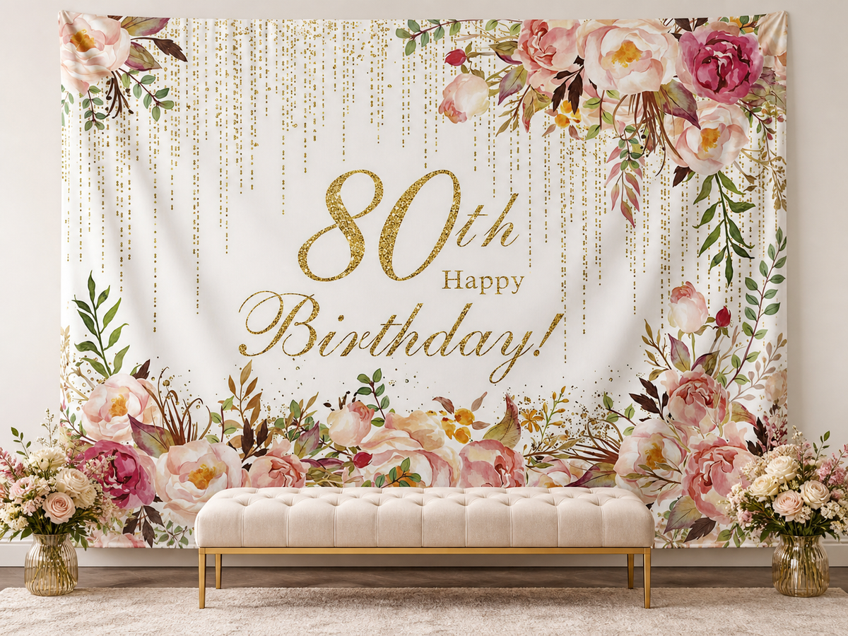 Elegant floral 80th Happy Birthday backdrop portrait scene