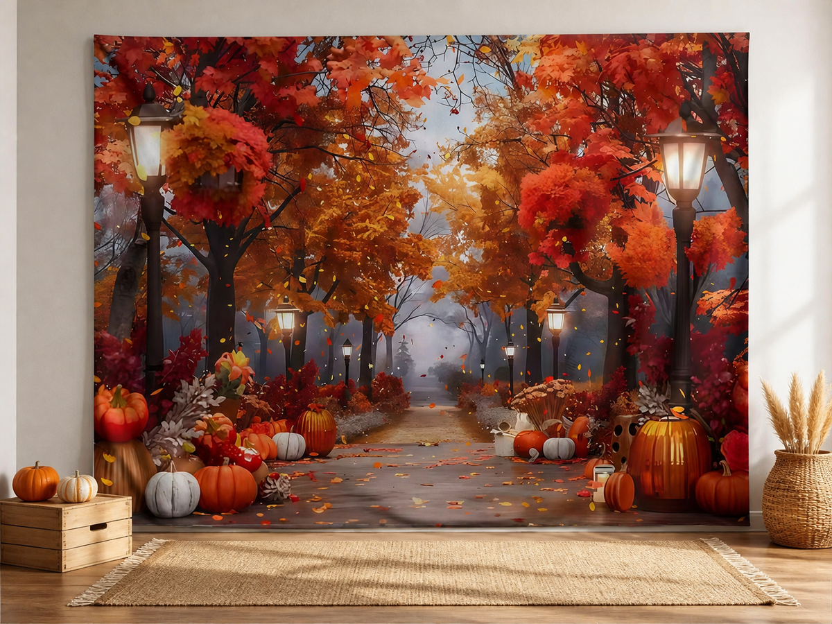 Autumn maple grove pumpkin backdrop family photo scene