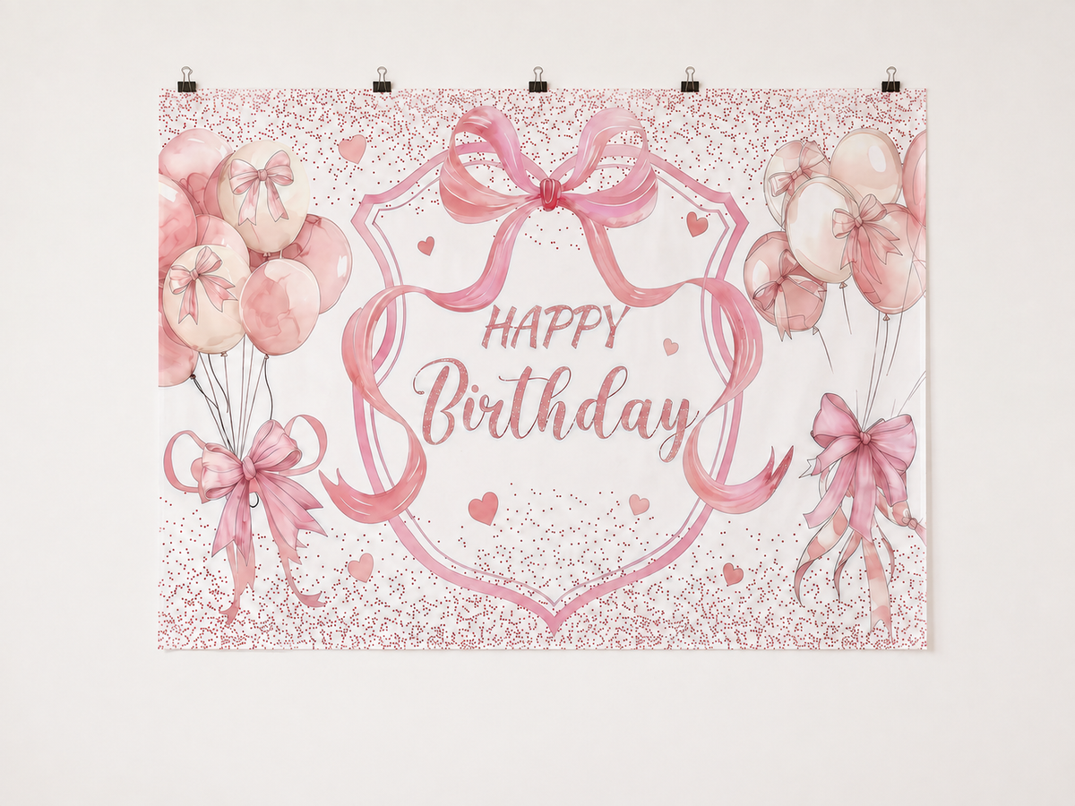 Pink Bows and Balloons Happy Birthday Backdrop — complete flat printed design; accessories not included