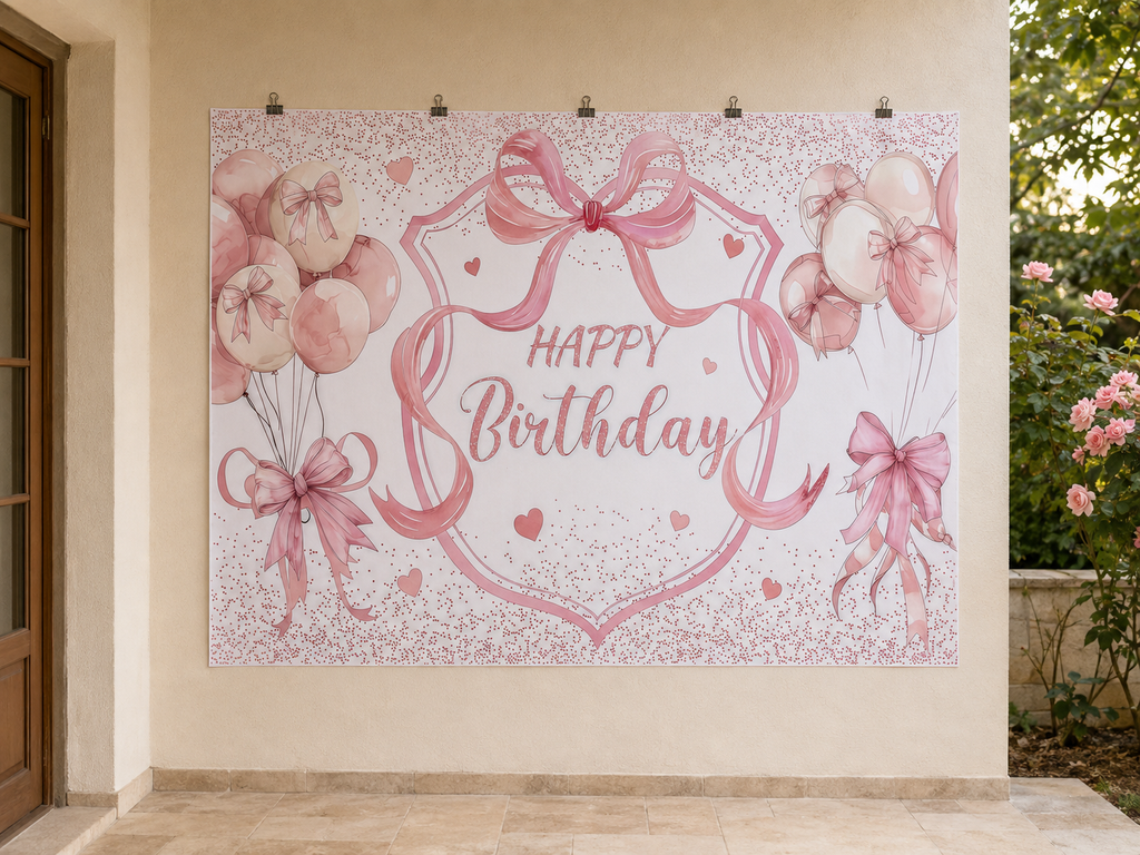 Pink Bows and Balloons Happy Birthday Backdrop — temporary dry outdoor wall-clip display; accessories not included