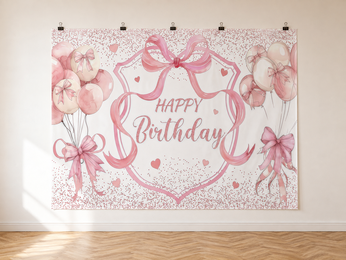Pink Bows and Balloons Happy Birthday Backdrop — indoor wall-clip display; accessories not included