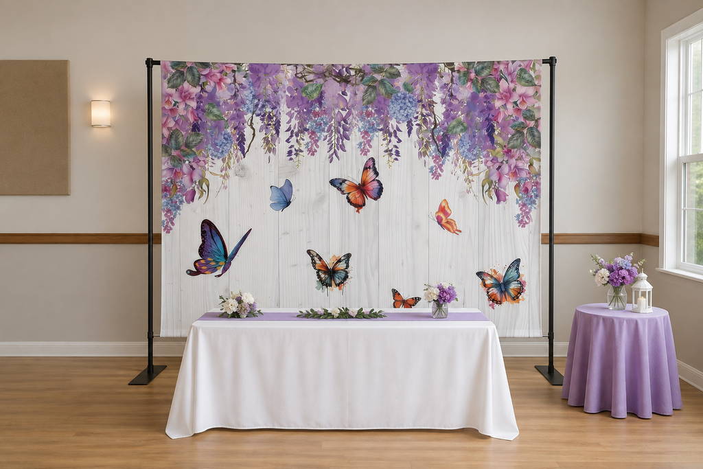 Purple Wisteria Butterfly Backdrop in event studio