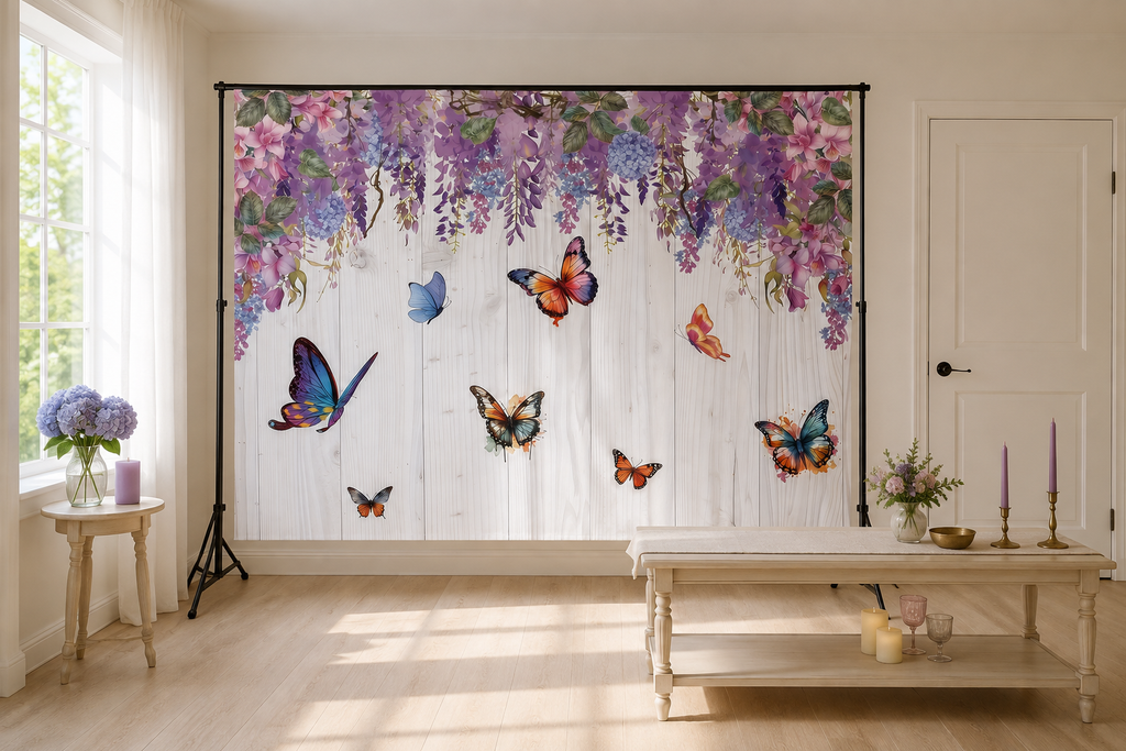 Purple Wisteria Butterfly Backdrop in alternate room setting