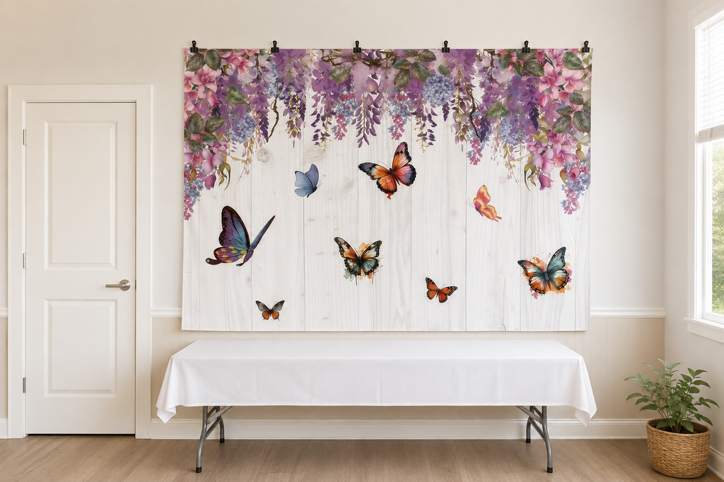 Purple Wisteria Butterfly Backdrop clipped directly to wall