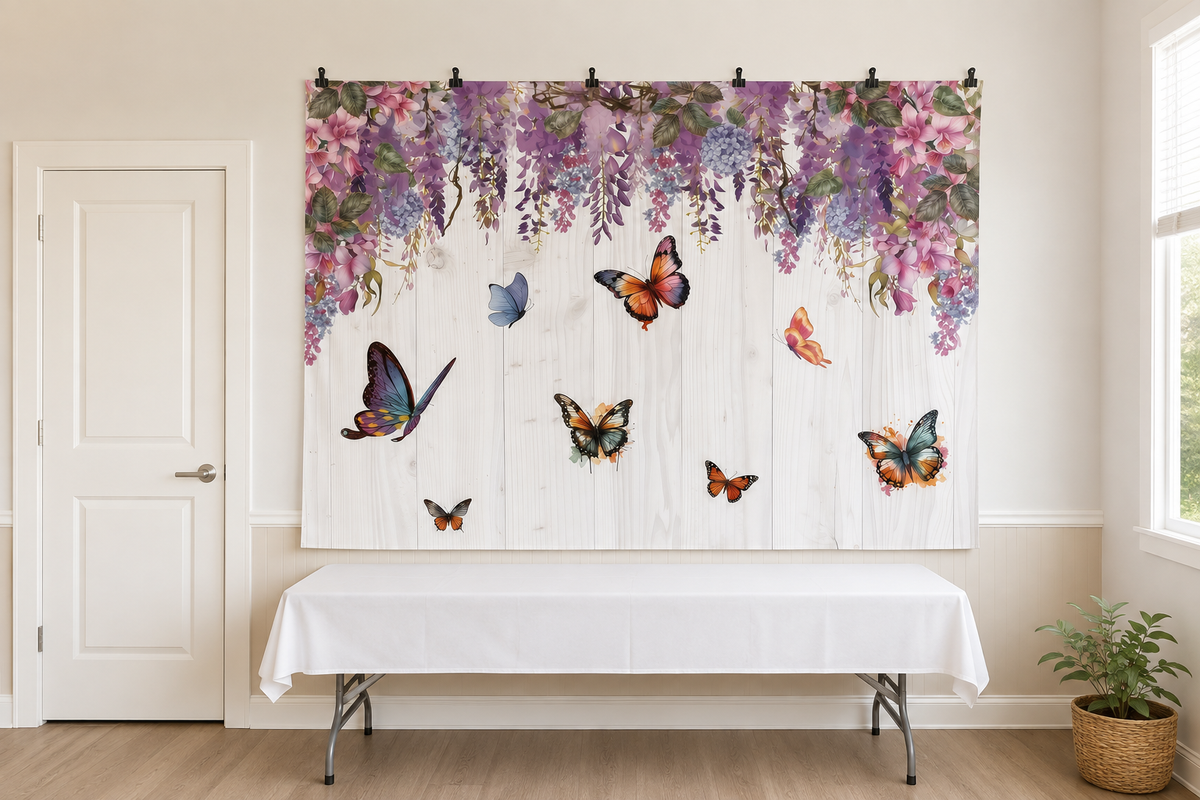 Purple Wisteria Butterfly Backdrop clipped directly to wall
