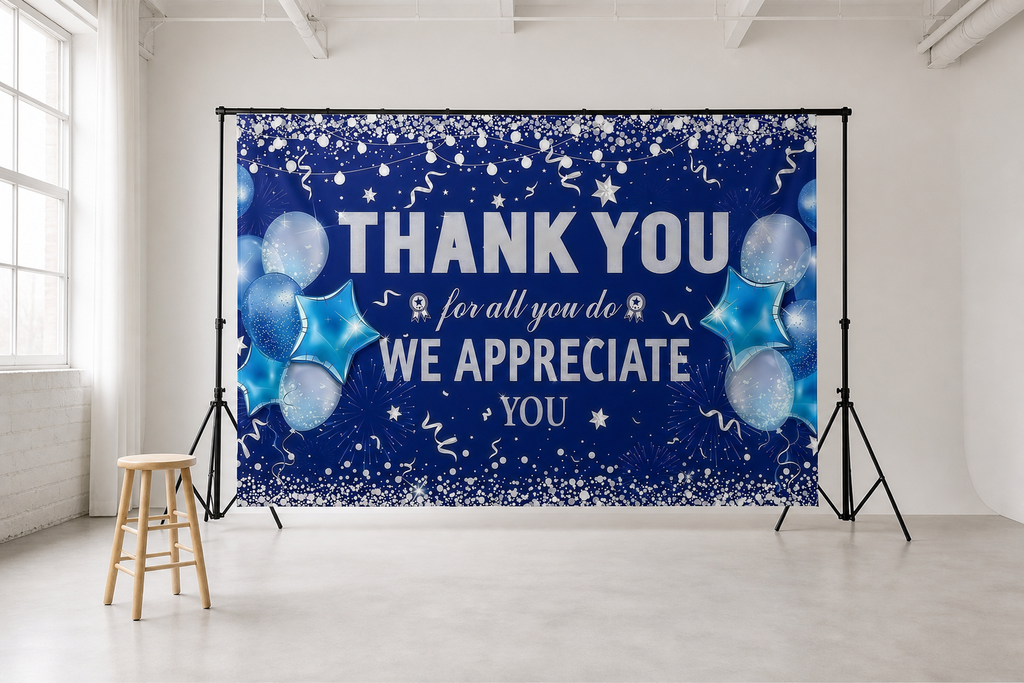 Blue Silver Employee Appreciation Backdrop scene 2