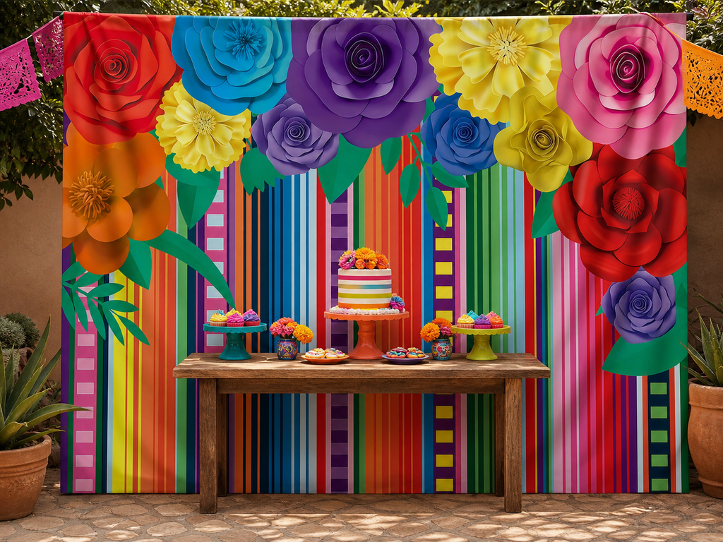 Mexican fiesta flowers and stripes backdrop dessert table scene