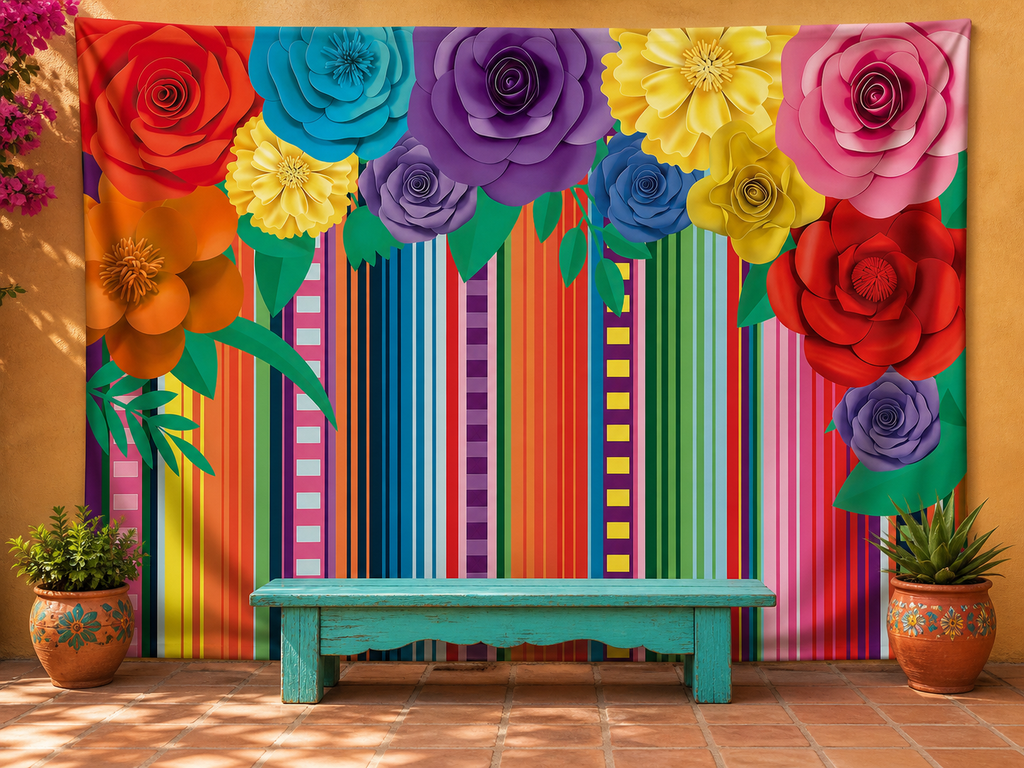 Mexican fiesta flowers and stripes backdrop portrait scene