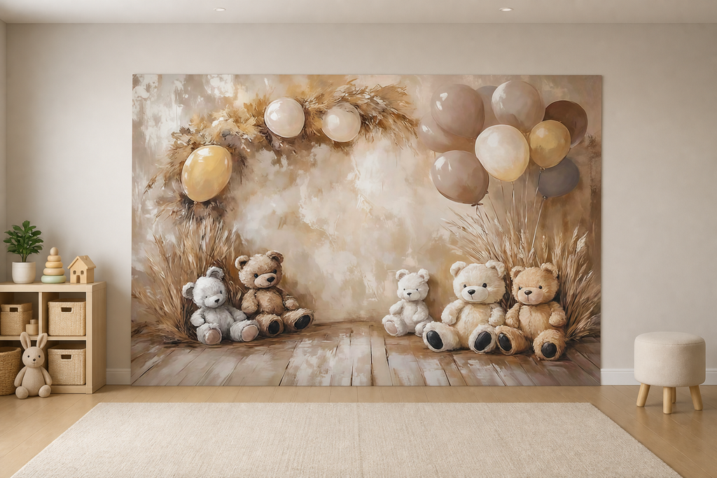 Neutral Teddy Bear Baby Shower Backdrop scene 1