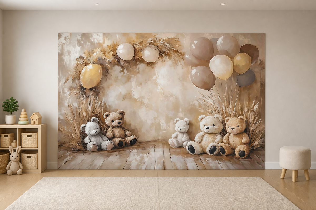 Neutral Teddy Bear Baby Shower Backdrop scene 1