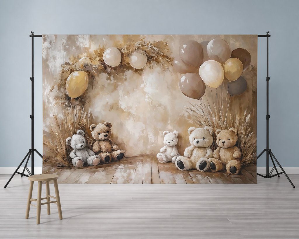 Neutral Teddy Bear Baby Shower Backdrop scene 2