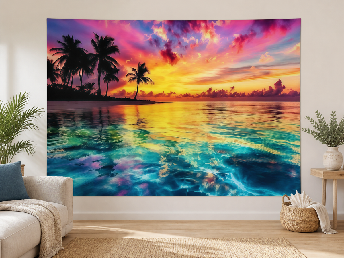 Tropical Ocean Sunset Tapestry Backdrop application scene 1