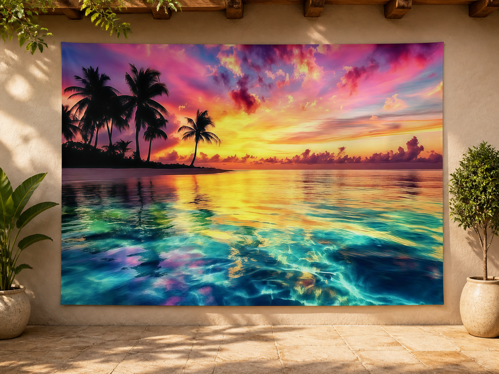 Tropical Ocean Sunset Tapestry Backdrop application scene 3