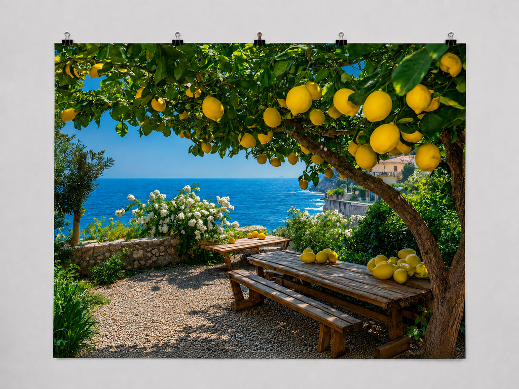 Seaside Lemon Grove Picnic printed polyester backdrop, shown at244 x183cm with straight-cut unhemmed edges and wall clips. Flat printed scenery; accessories not included.