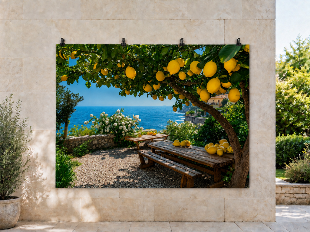 Seaside Lemon Grove Picnic printed polyester backdrop, shown at244 x183cm with straight-cut unhemmed edges and wall clips. Flat printed scenery; accessories not included.