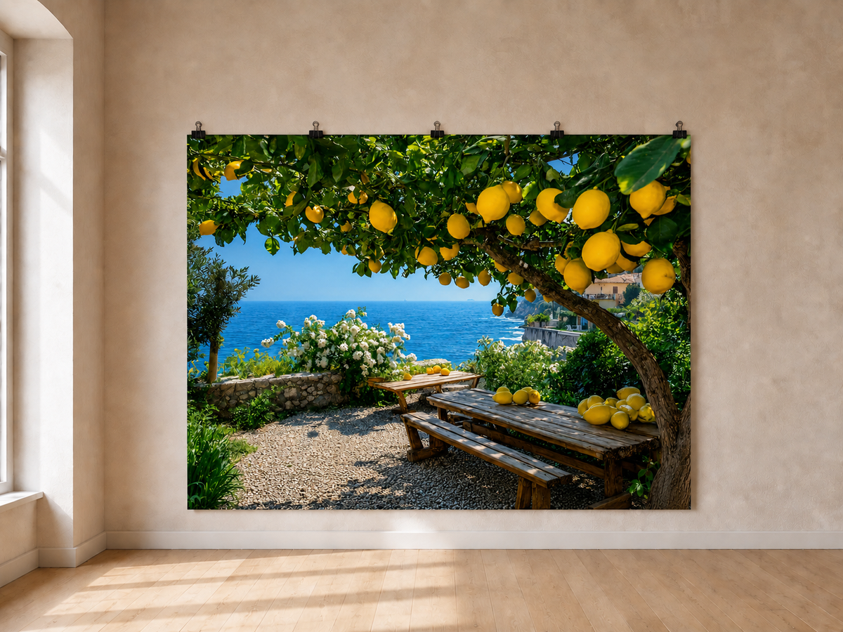 Seaside Lemon Grove Picnic printed polyester backdrop, shown at244 x183cm with straight-cut unhemmed edges and wall clips. Flat printed scenery; accessories not included.
