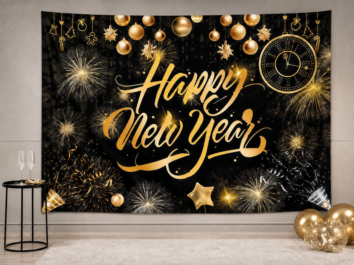Black and gold Happy New Year backdrop home party scene