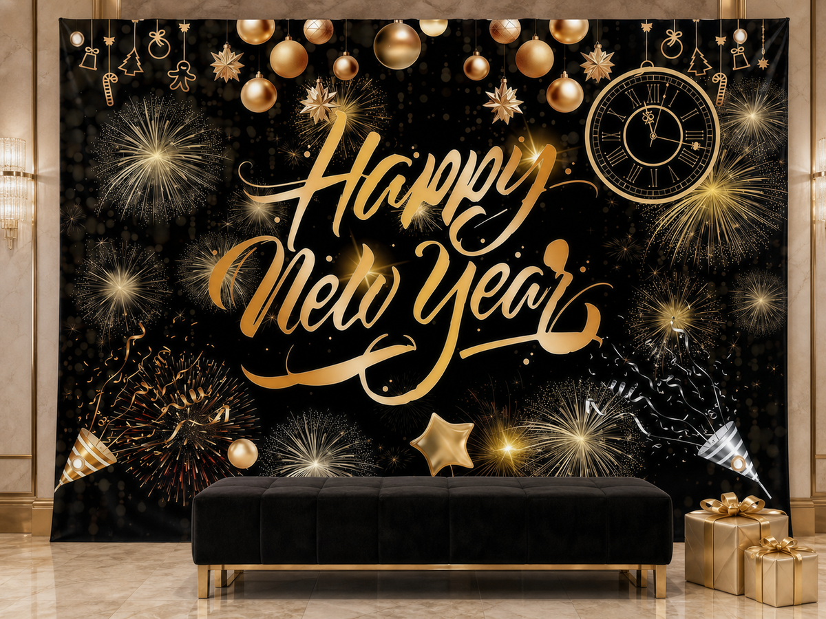 Black and gold Happy New Year backdrop hotel portrait scene