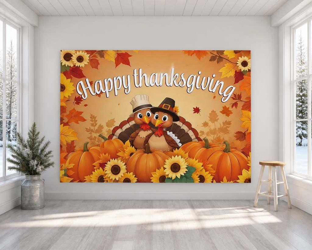 Thanksgiving Turkey and Pumpkins Backdrop scene 1