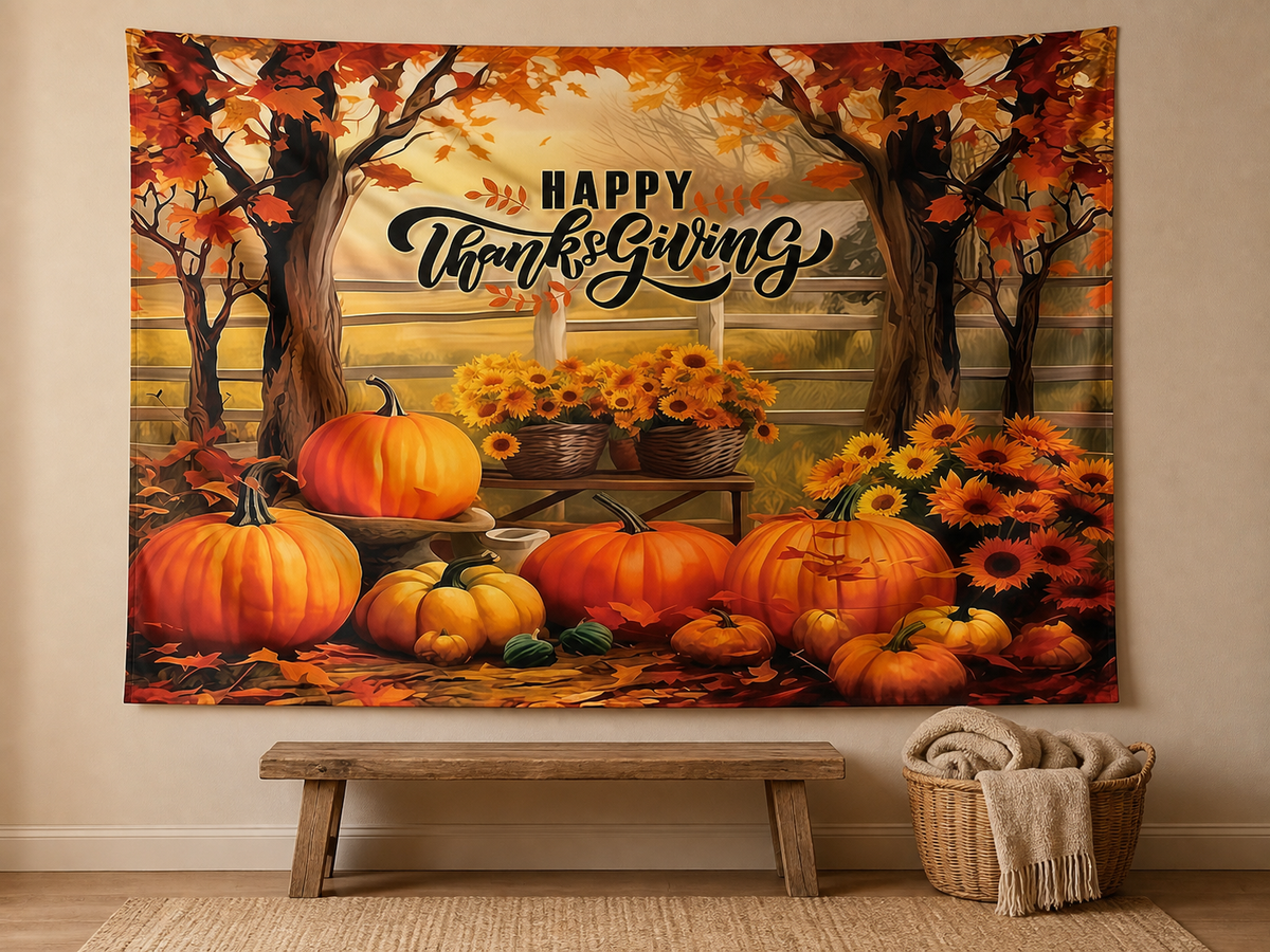 Happy Thanksgiving pumpkin sunflower backdrop family photo scene