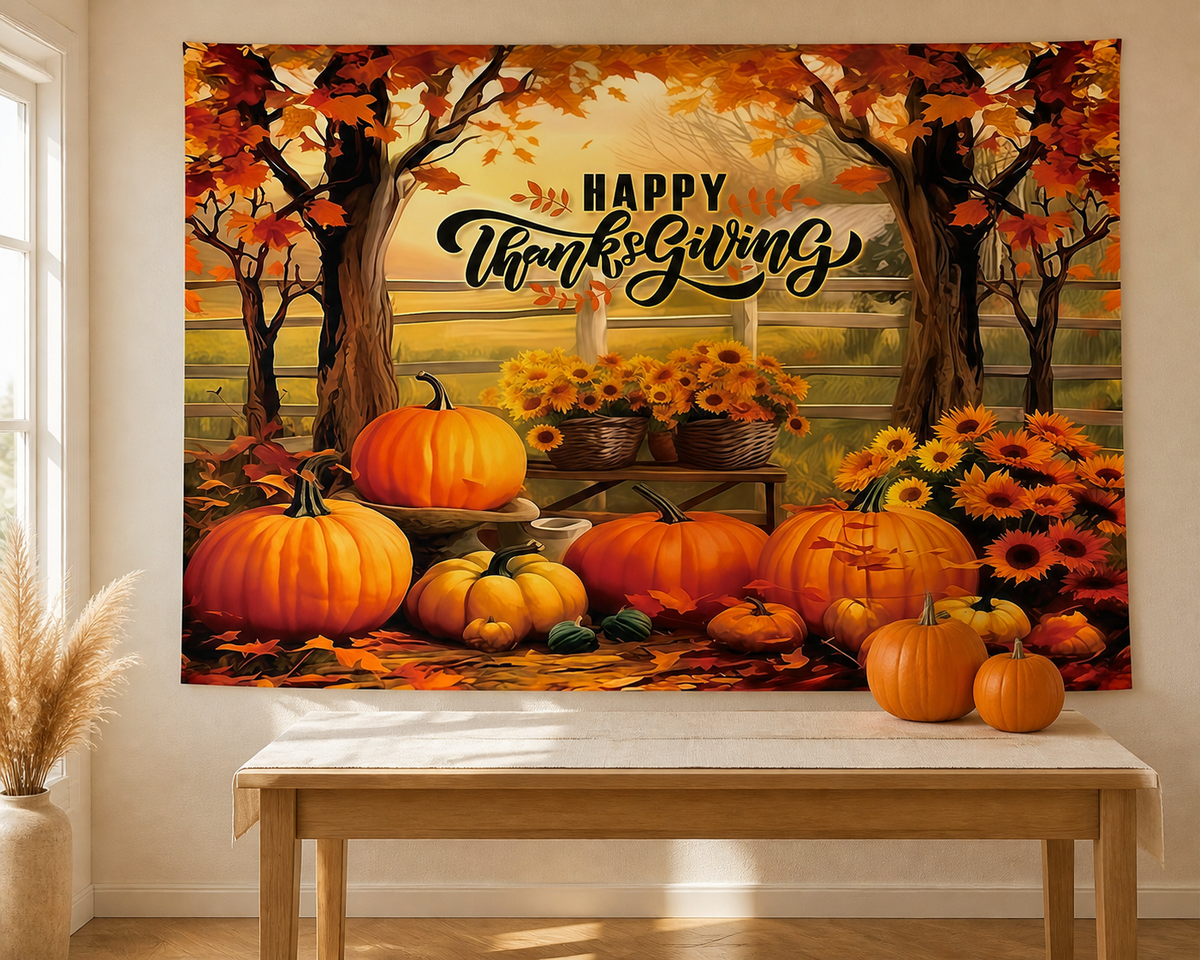 Happy Thanksgiving harvest backdrop buffet scene