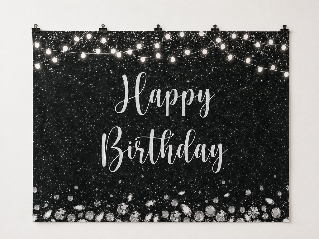 Black and Silver Sparkle Happy Birthday Backdrop — complete flat printed design; accessories not included