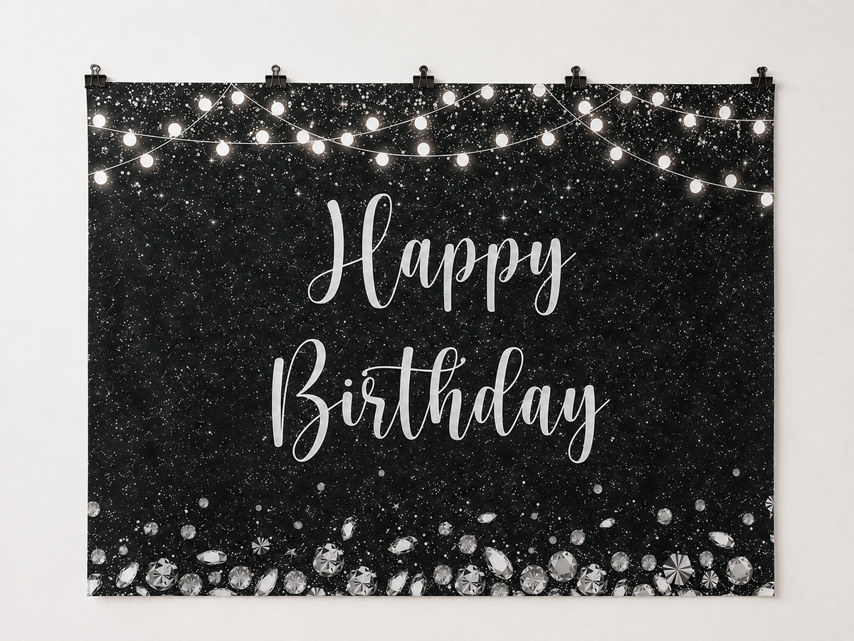 Black and Silver Sparkle Happy Birthday Backdrop — complete flat printed design; accessories not included