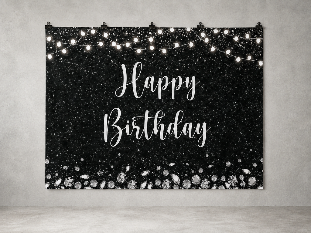 Black and Silver Sparkle Happy Birthday Backdrop — indoor wall-clip display; accessories not included