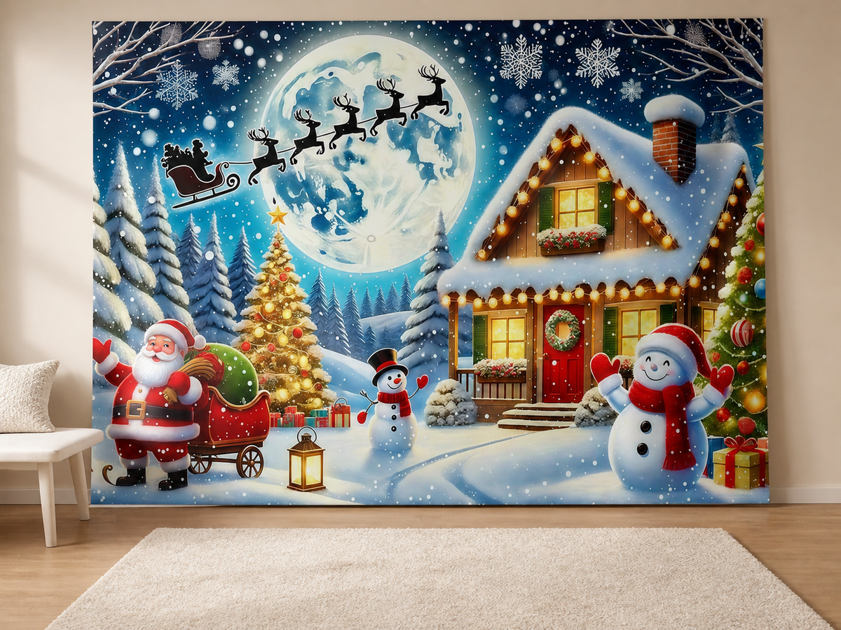 Santa snowman Christmas cottage backdrop family card scene