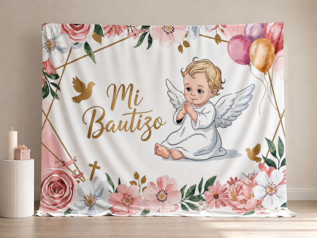 Mi Bautizo baby angel baptism fabric backdrop