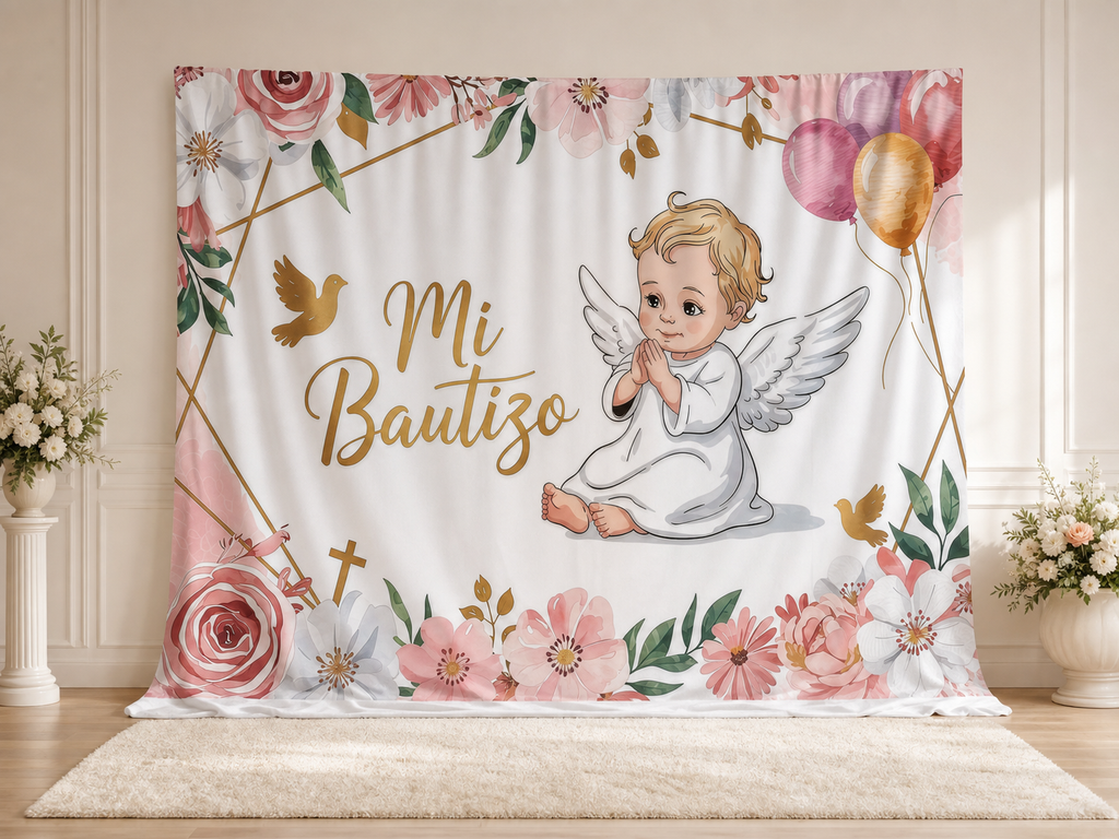 Pink floral Mi Bautizo christening photography backdrop