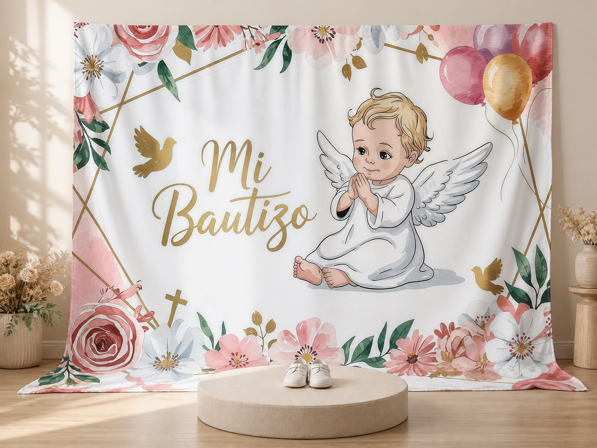 Praying baby angel baptism photo backdrop