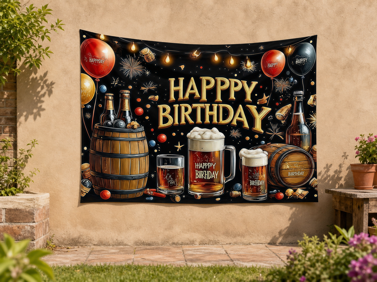 Whiskey Bar Happy Birthday Backdrop garden application scene