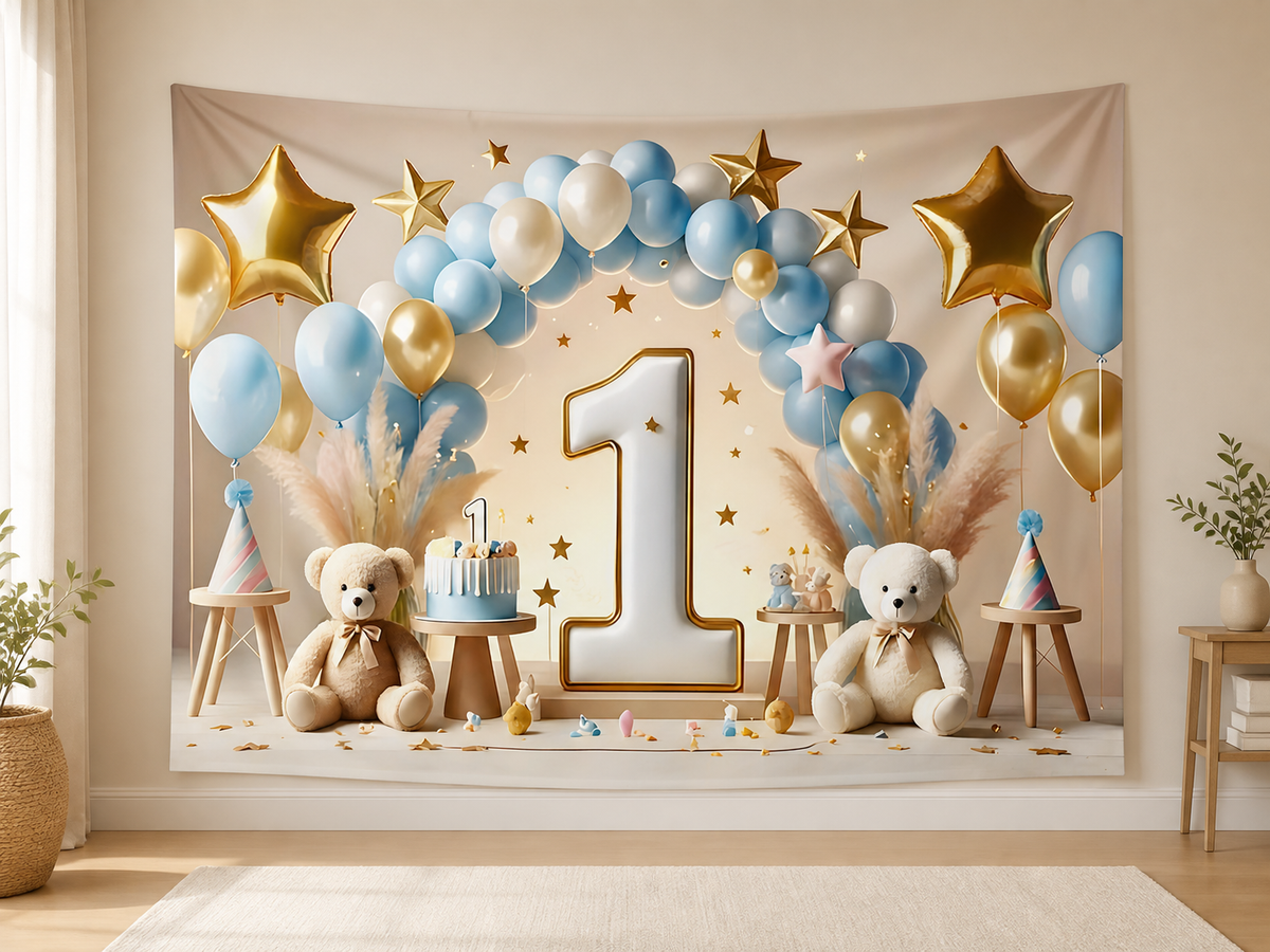 Blue Gold First Birthday Backdrop application scene 1