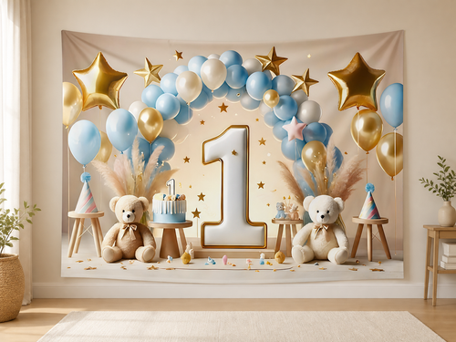 Blue Gold First Birthday Backdrop application scene 1