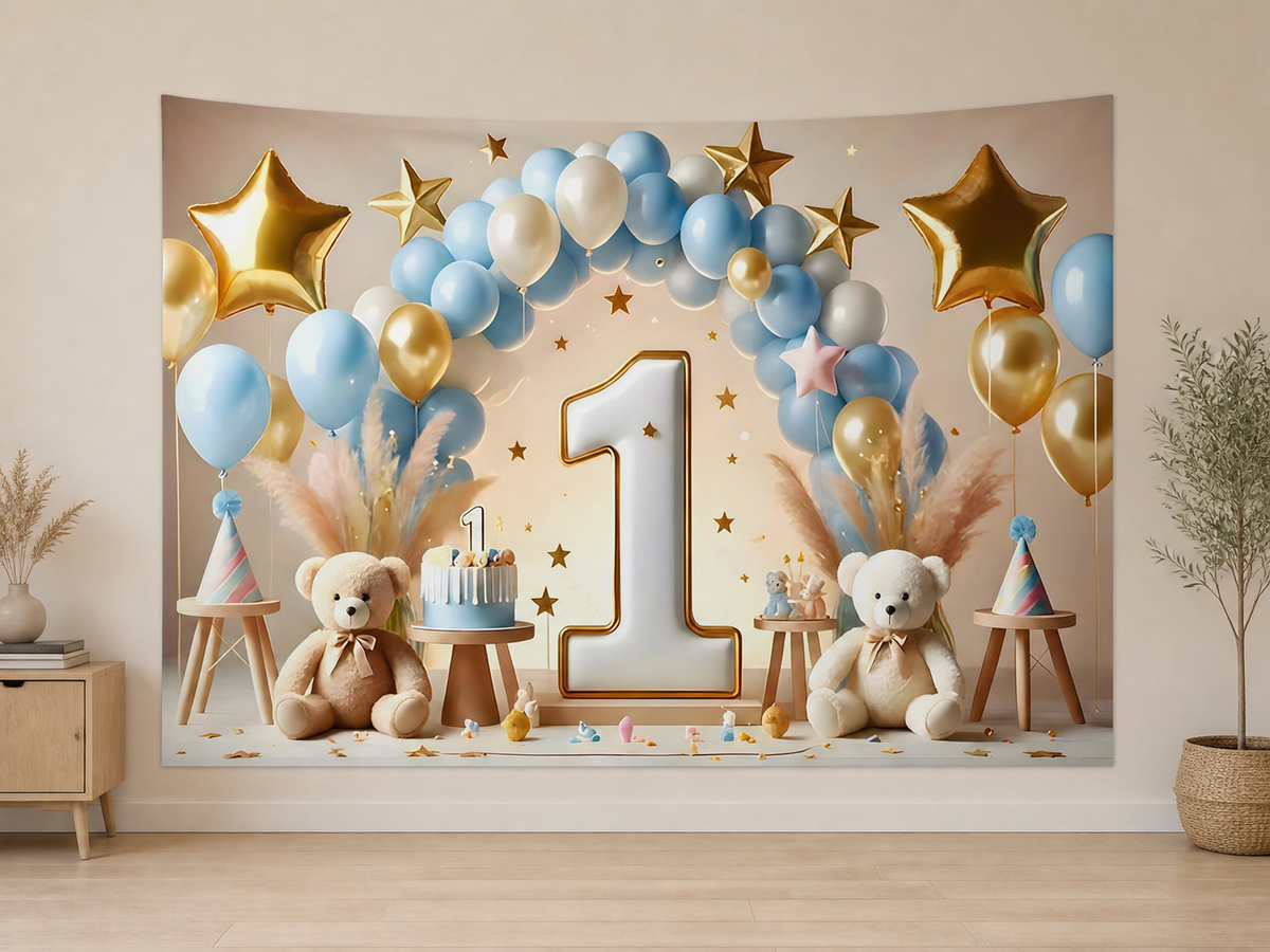 Blue Gold First Birthday Backdrop application scene 2