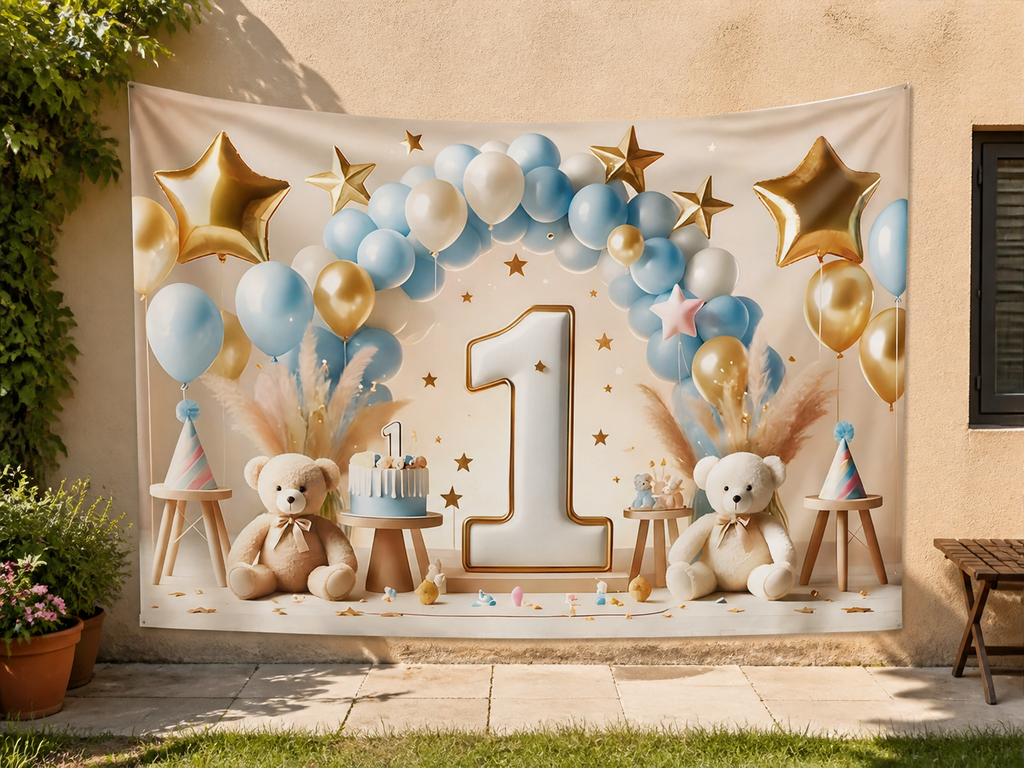 Blue Gold First Birthday Backdrop application scene 3