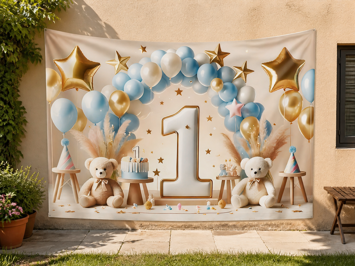Blue Gold First Birthday Backdrop application scene 3