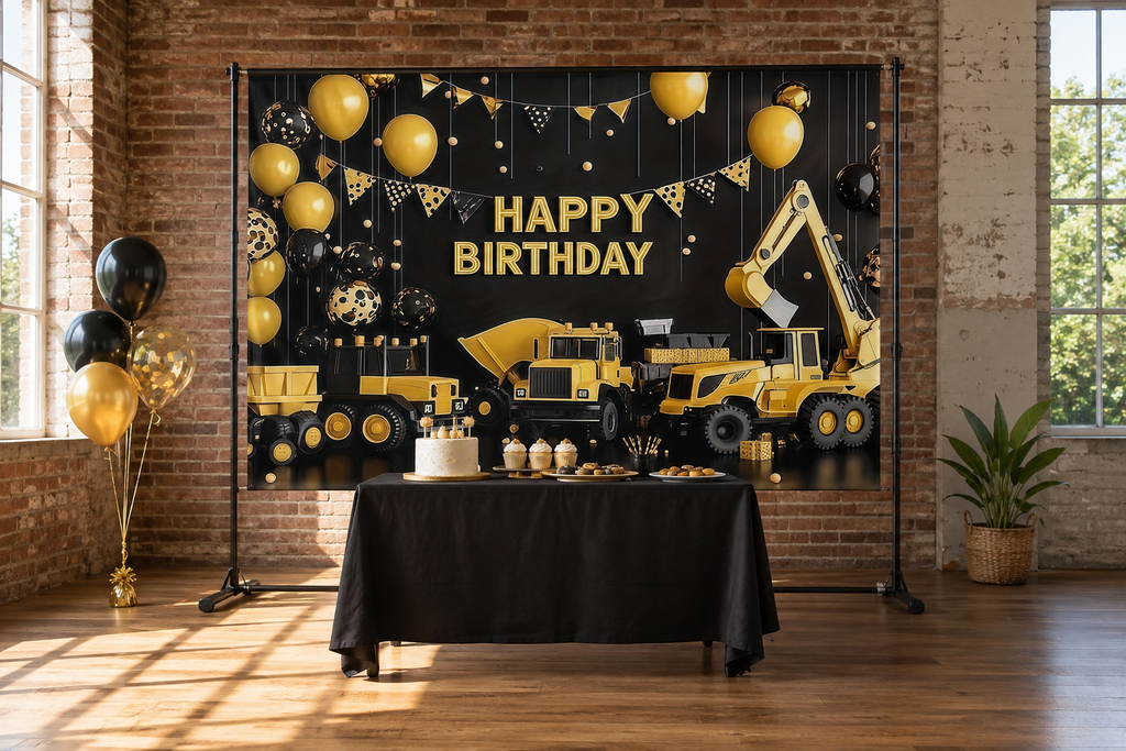 Construction Trucks Birthday Backdrop lifestyle scene 1