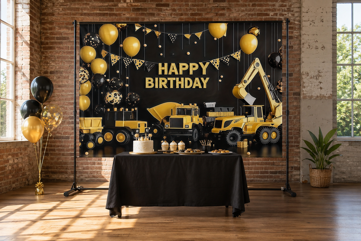 Construction Trucks Birthday Backdrop lifestyle scene 1