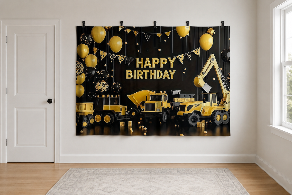 Construction Trucks Birthday Backdrop clipped directly to wall