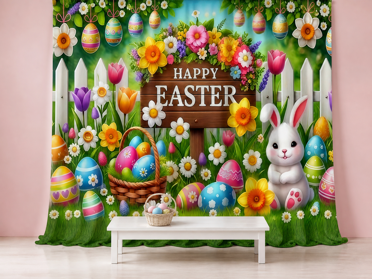 Happy Easter bunny garden polyester photography backdrop scene 1