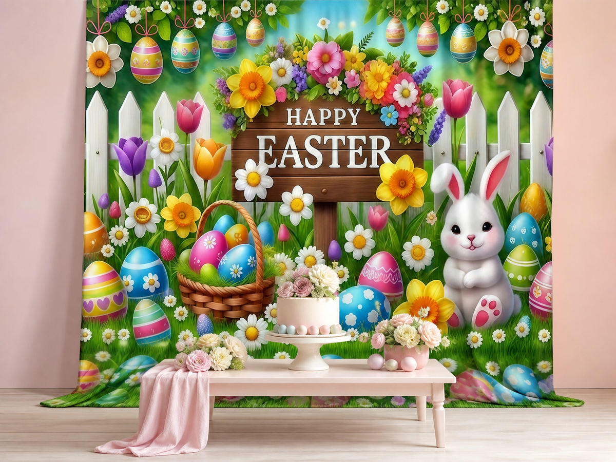 Happy Easter bunny garden polyester photography backdrop scene 2