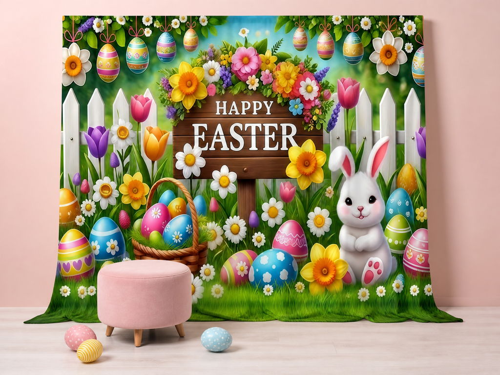 Happy Easter bunny garden polyester photography backdrop scene 3