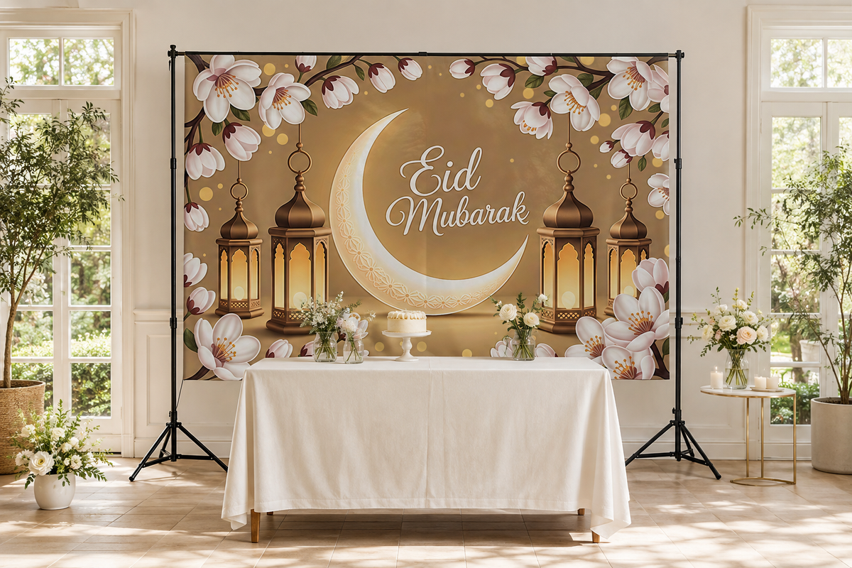 Floral Eid Mubarak Moon Backdrop in event studio